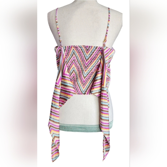 SO Smocked Back Scarf Top Satin Like Women's Junior's L Multi Color Striped - Picture 5 of 10